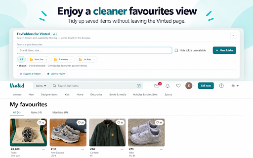 FavFolders for Vinted :: Organize Vinted favourites with live search, local folders, and sold-item filtering. Unofficial and local-only.