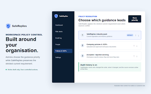 SafeReplies :: Pre-send compliance checks for active Gmail and Outlook drafts.