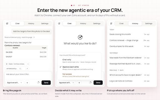Zoho CRM AI Assistant :: Search, create, and update Zoho CRM records from a permission-gated AI side panel.