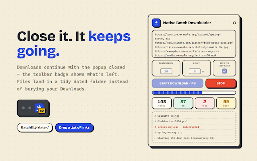 Native Batch Downloader :: Batch download files via the browser's native download channel — even login-protected files work, cookies sent automatically