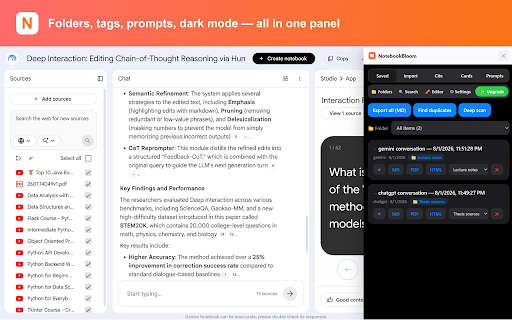 NotebookBloom for NotebookLM (Gemini Notebook) — Anki, Zotero & Search :: NotebookLM tools: export citations to Zotero/BibTeX, flashcards to Anki, and search locally indexed notebooks.