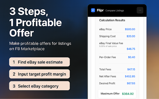 Flipr - eBay Reselling Profit Calculator :: Facebook Marketplace to eBay profit calculator. Calculate eBay fees, profit margins, and create competitive offers for reselling.