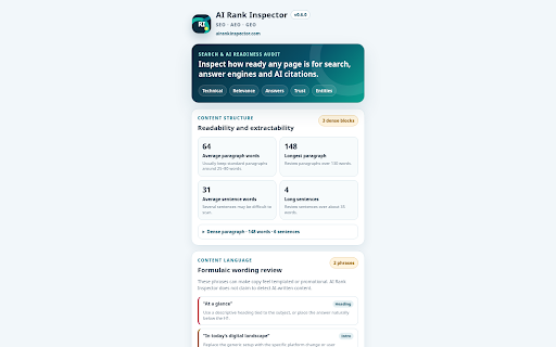 AI Rank Inspector – SEO, AEO & GEO Audit :: Audit webpages for SEO, AEO and GEO signals, including content readiness, metadata, schema, entities, robots.txt and llms.txt.