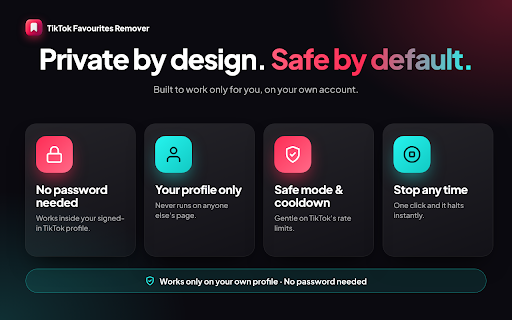 TikTok Favourites Remover — Clear All Favorites :: Clear all your TikTok favorites in one click. Bulk unfavorite videos with keyword filter, live progress and export. No login needed.