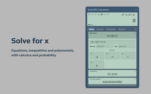 Scientific Calculator :: A complete scientific calculator: graphing, equation solver, calculus, statistics, matrices, units, finance and 100+ formulas.