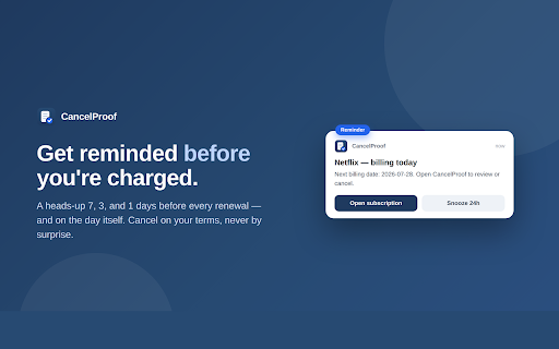 CancelProof: Cancel Subscriptions with Proof :: Subscription manager that records proof when you cancel — timeline, screenshots & a Refund Pack PDF if you're charged anyway.