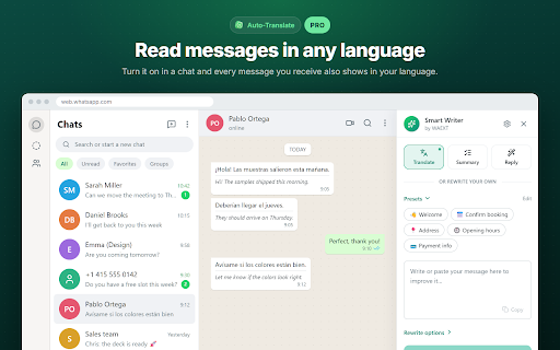 WAEXT: Superpowers for WhatsApp Web :: Smart replies, chat summaries and better writing with AI in WhatsApp Web. Plus saved messages and auto-translate.