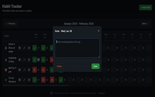 Habit Tracker – Progress & Stats on New Tab :: A simple habit tracker that replaces your new tab page.