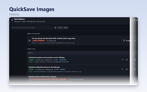 QuickSave Images :: Right-click to save the real full-size image: smart file names, folders per site, WebP conversion, batch saving.