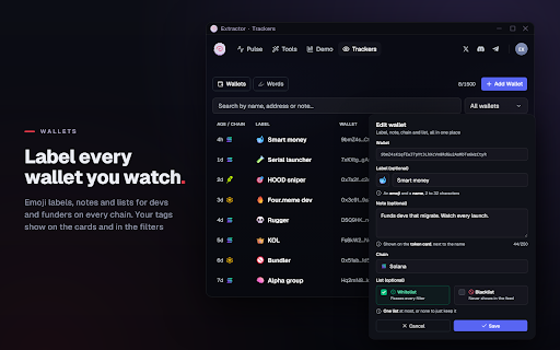 Extractor :: Smart filters, dev funding and migration badges, wallet tags and paper trading for Axiom on Solana, Robinhood and BNB