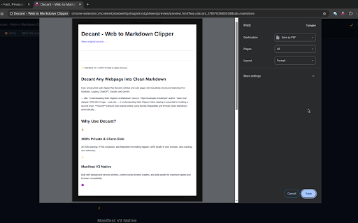 Decant - Web to Markdown Clipper :: Fast, privacy-first web clipper that decants articles and webpages into clean Markdown.