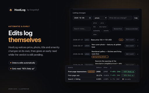 HostLog — Airbnb Analytics & Stats :: Airbnb analytics for hosts: track views, conversion & bookings over time, and see whether each listing edit actually helped.