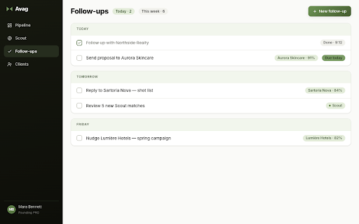 Avag :: Find clients, capture their contact details in one click, and track every lead in your CRM. Built for creators.