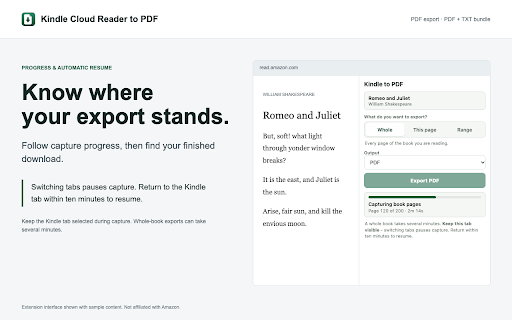 Kindle Cloud Reader to PDF – Export Kindle Books :: Export Kindle Cloud Reader books to searchable PDF or PDF + text. Download a whole book, the current page, or a page range.