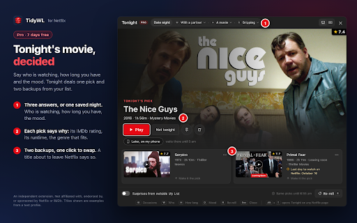 Watch Later Tidy for Netflix: IMDb Ratings & Hidden Categories :: Bring back Netflix's My List page, with IMDb ratings, filters, custom playlists, hidden genres and bulk remove.