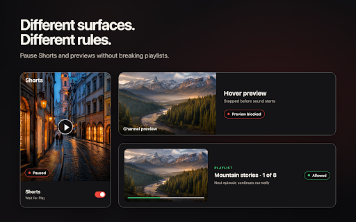 YouTube turn off autoplay :: Stop unwanted YouTube autoplay without changing the page. Control videos, suggestions, Shorts, playlists, and previews.