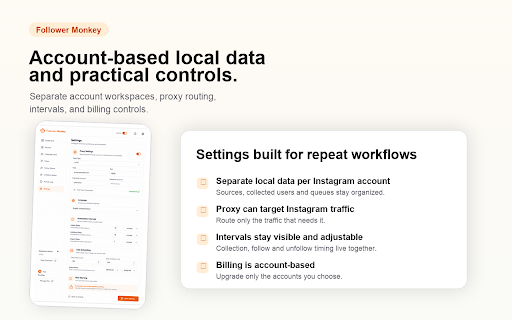 Follower Monkey Auto Follow Unfollow Queues for Instagram™ :: Run Instagram™ auto follow and unfollow workflows using local queues, profile filters, timing settings, and account controls.