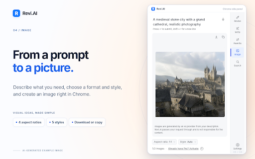 Revi.AI — your everyday AI assistant :: Your everyday AI assistant in Chrome's side panel: revise, write, rewrite, search the web, and create images beside any page
