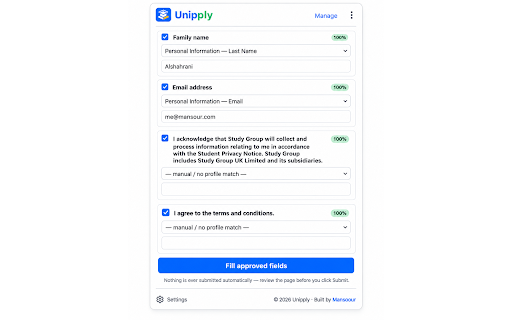 Unipply: Private AI Autofill for University Applications :: AI-powered university application assistant — save your profile once and autofill admission forms with Gemini, right in Chrome.