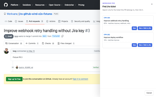 Workvane: Jira + GitHub Wind :: Show Jira Cloud state, workflow actions, and ticket suggestions inside GitHub pull requests.