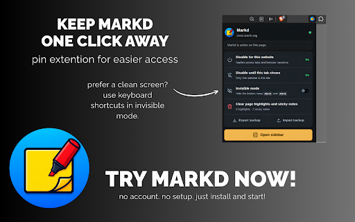 Web Highlighter and Sticky Notes - Markd :: Highlight web pages, add sticky notes, save bookmarks, and organize private research with tags, projects, search, and local backups.