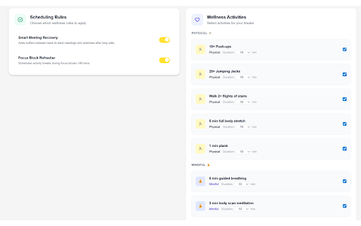 TinyTimeouts :: Intelligently schedules short wellness breaks in your Google or Outlook calendar to help you move and recharge.
