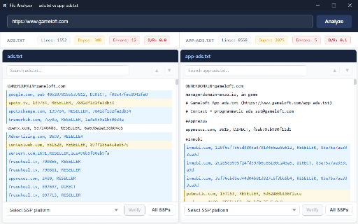 adWMG Checker: ads.txt/sellers.json :: Validate ads.txt and app-ads.txt files, cross-reference seller IDs with sellers.json, detect errors, and analyze SPO metrics