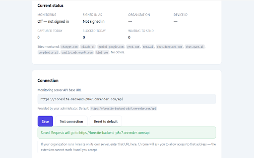 Foresite :: Consent-based workplace monitoring: captures prompts sent on supported AI sites and reports them to your organization.