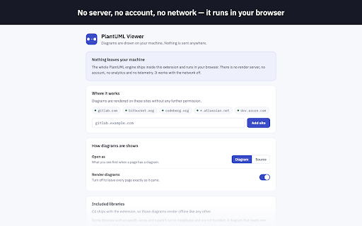 PlantUML Viewer — Local UML Diagram Tool :: 📐 Draws .puml files and plantuml code blocks as UML diagrams in the page. No server, works offline. Free UML diagram tool.