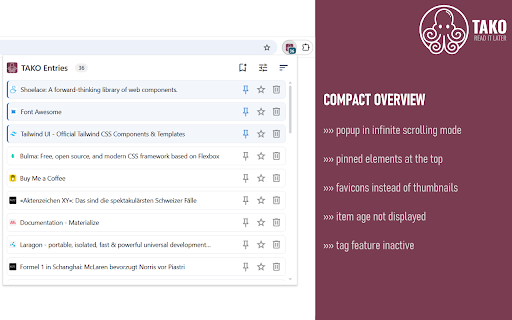 TAKO - Read it later :: TAKO is the successor to 'Pocket Item Viewer' (formerly for Pocket.com) and saves interesting pages to read later.