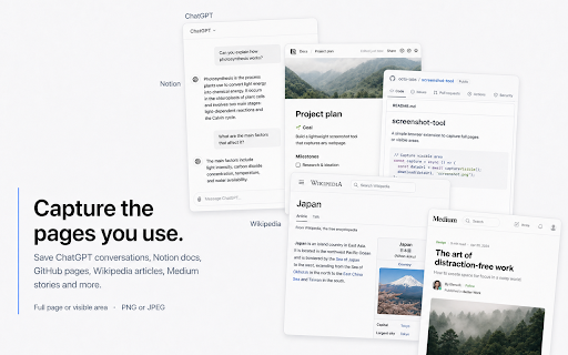 Page to Image :: Capture any webpage — full page or visible area — as a crisp PNG or JPEG. Processed locally; nothing is uploaded.