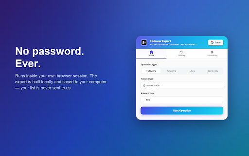 Follower Export – Following, Likes & Comments to CSV, Excel :: Export followers, following, likes & comments to CSV, Excel or JSON in one click. Fast, private, no password needed.