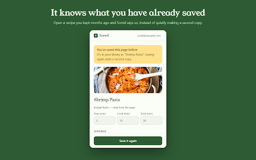 Sorrel — Save Recipes :: Save the recipe on any page straight to your Sorrel library.