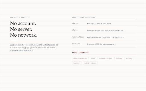 Daybook :: A local-first task list with a morning brief and an end-of-day check. No account, no server, no network.
