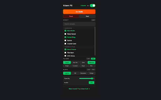 VJam FX — VJ Effects for Any Website :: Overlay 191 music-reactive VJ visuals on any webpage. Multi-layer, beat detection, auto-cycle, blend modes, text & scenes.