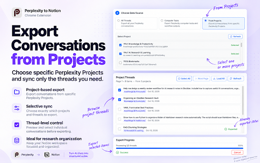 Perplexity to Notion - Batch Export :: Save Perplexity chats, Spaces and Computer Tasks to Notion. Bulk export with sources, organized pages and update controls.