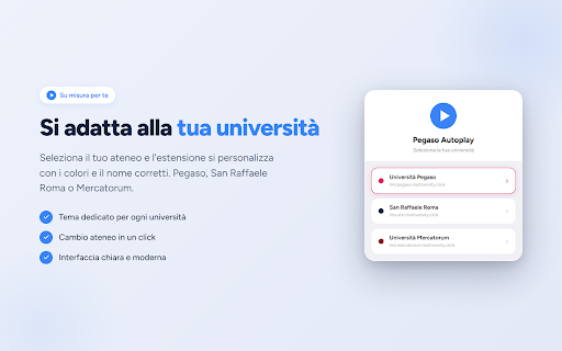 Pegaso Autoplay – Autoplay Lezioni Multiversity :: Autoplay automatico videolezioni Pegaso, San Raffaele, Mercatorum. Avanza da solo tra le lezioni LMS Multiversity. Gratis.