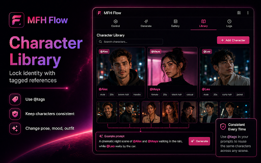 MFH Flow :: Batch automate Google Flow prompts with refs, character tags, queues, and one-click downloads.