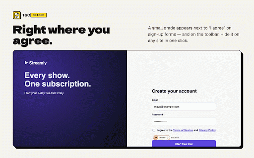 T&C Reader — know what you agree to :: Grades Terms and Privacy Policies A–F, flags unfair clauses, and shows the exact sentence behind every claim.