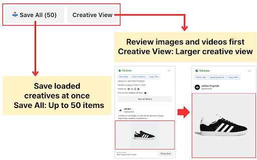 FB Ad Library Helper - One-Click Ad Research :: Save creatives, copy ad text, and open more ads from Meta/Facebook Ads Library faster.