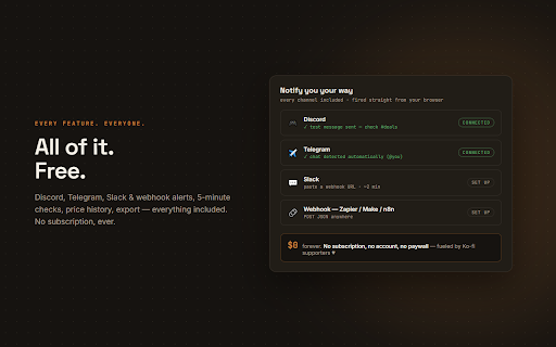 Sincelast — Free Website Change Monitor & Price Tracker for Any Page :: Monitor any web page for changes & price drops. Unlimited local monitors, compare-on-visit, instant alerts. Free, no account.