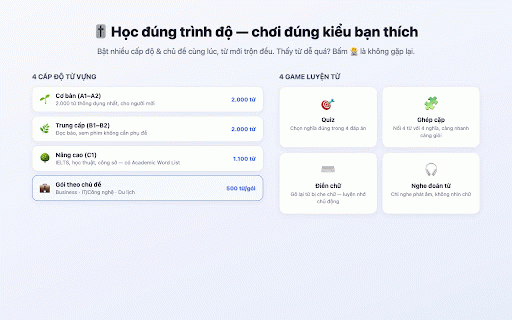 WordDrop — Học 5000+ từ vựng tiếng Anh :: Học 5000+ từ tiếng Anh theo cấp độ & chủ đề qua banner, focus mode và 4 game: quiz, ghép cặp, điền chữ, nghe đoán từ.
