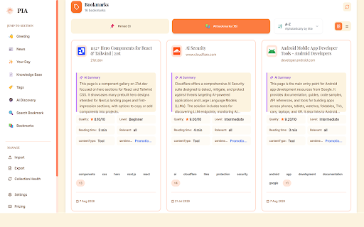 PIA - Personal Intelligence Assistant :: Your personal AI-powered bookmark dashboard - beautiful startup page with smart organization