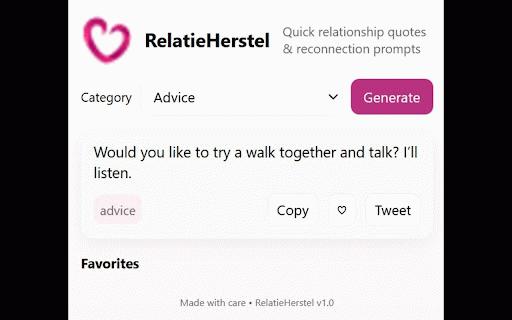 RelatieHerstel — Relationship Quotes :: Generate relationship quotes and connection prompts. Save favorites, copy and share quickly.