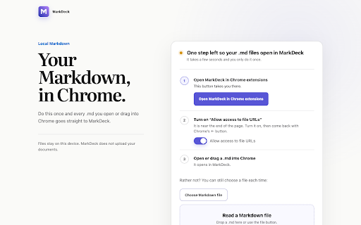 MarkDeck: Markdown Viewer & Reader :: Open local .md files by their path and read them beautifully. Live updates, highlights and notes. Private, no account.
