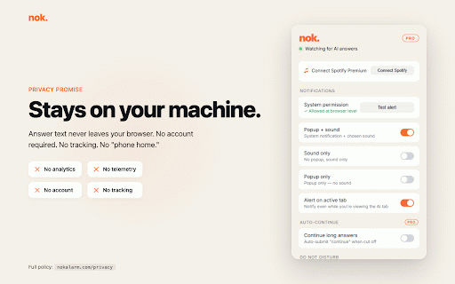 nok. — Desktop alerts for AI chat completion :: Desktop alerts the moment your AI chat response finishes. Runs locally. No account required.