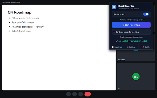 Ghost Recorder :: One-click AI meeting notes on any platform. Local recording, speaker transcripts, summaries, action items. Bring your own AI key.