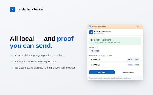 Insight Tag Checker for LinkedIn :: Check if your LinkedIn Insight Tag & conversions are firing, and decode every tag request — live, on any site, 100% local.
