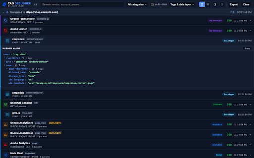 Tag Debugger by Aloola.io :: See every analytics and ad tag fire, the data layer pushes that triggered them, and any duplicates or personal data leaking out.