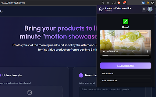 2026 OnceClip · Photos to Video, in One Click :: Upload photos, type narration, and generate an AI marketing short in seconds. OnceClip turns a day of video editing into 5 minutes.